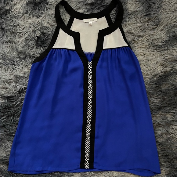 Blue and White Tank Top with Black Trim and Color-Block Design - Picture 1 of 3